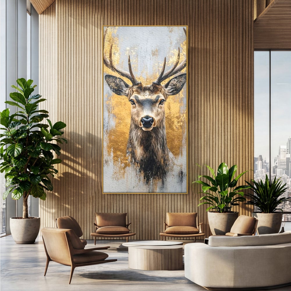 Tablou canvas cu tablou canvas cu cerb si accente aurii, in rama de aluminiu auriu, pe perete intr-un birou